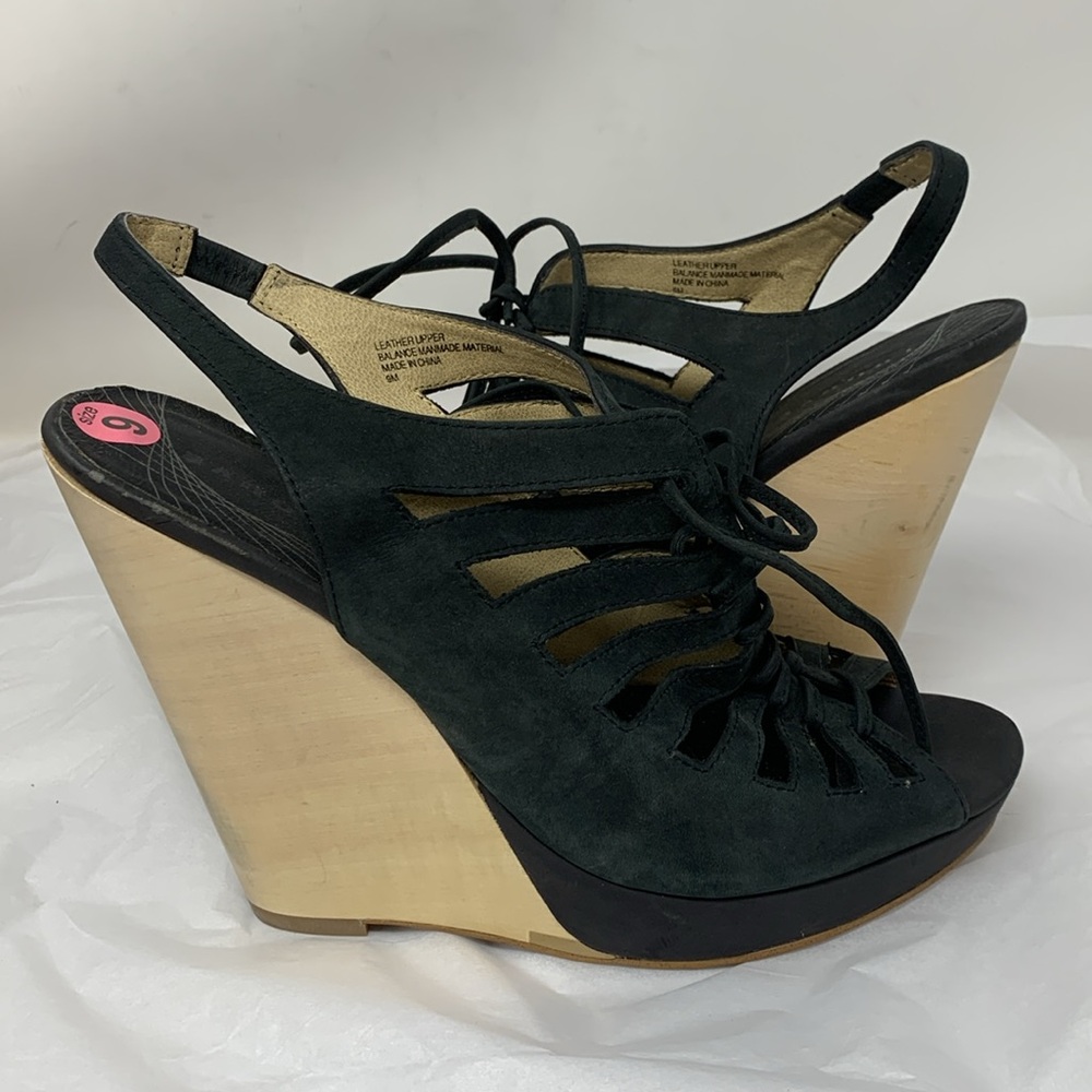 TROUVÉ Black Suede Lace Up Wooden Wedge Sandals Size 9 Scandi minimalist Summer